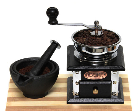 mortar with ground coffee isolatedの写真素材