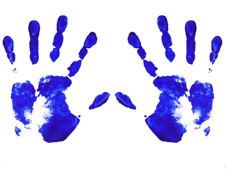 blue handprint isolated on white backgroundの写真素材