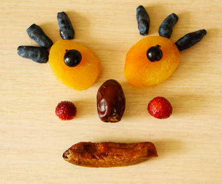 Edible man from dried apricots, currants, dates, dried banana, honeysuckle, strawberriesの写真素材