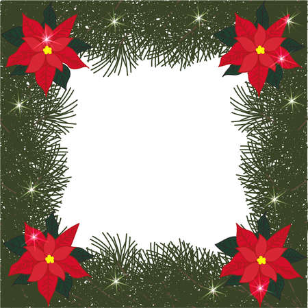 Spruce square frame with flowers of poinsettia and glitter on a transparent backgroundのイラスト素材