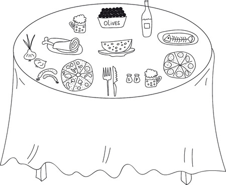 a table with food, olives, pizza, cheese, wine, meat, fish, vegetables, onions,のイラスト素材