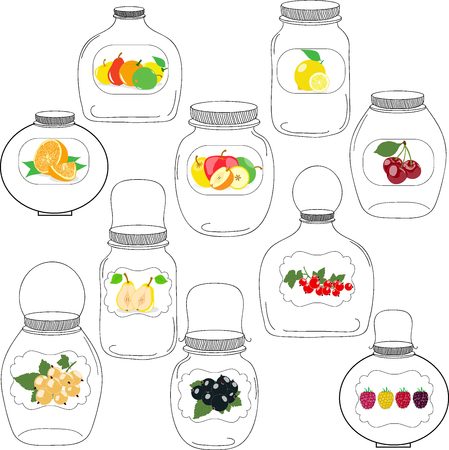 Jars set, label with fruits and berries, silhouettes, vector illustration.のイラスト素材