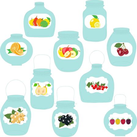 Jars set, label with fruits and berries, silhouettes, vector illustration.のイラスト素材