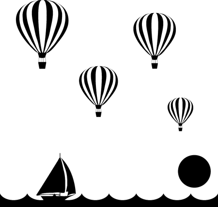 aerostats are flying in sky over the sea at sunset, down sailing boat, vector illustrationのイラスト素材