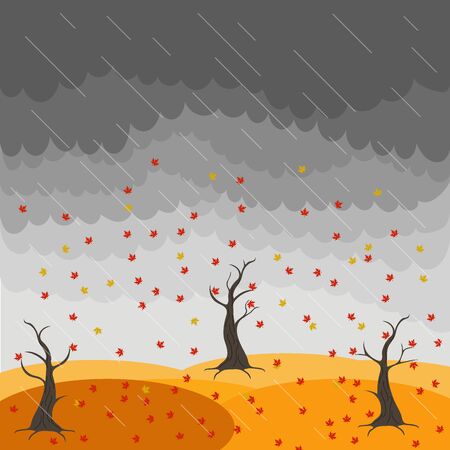 Autumn landscape with trees and fields. Leaf fall image. Wind. Birds. Rain. Nature illustrationのイラスト素材