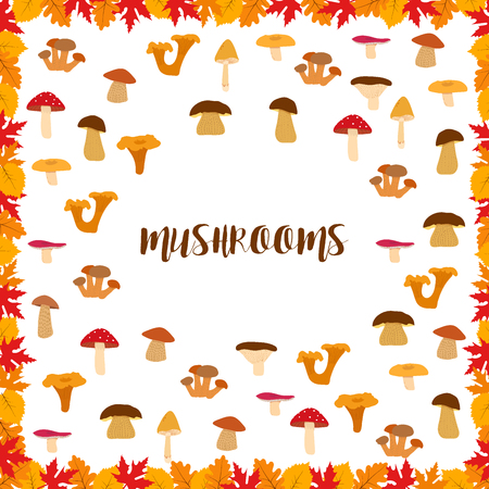 Mushrooms, autumn pattern, frame made of leaves. illustrationのイラスト素材