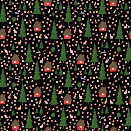 rabbits running around in the woods, the houses, Christmas trees, seamless pattern on black...