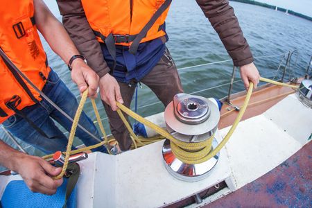 ship ropes and ropes, sailor's handsの写真素材
