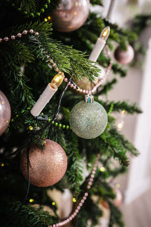 Decorated Christmas tree on blurred background.の写真素材