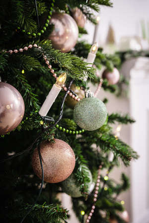 Decorated Christmas tree on blurred background.の写真素材