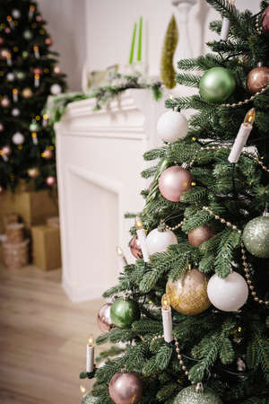 Decorated Christmas tree on blurred background.の写真素材