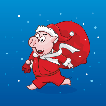 Cute piggy in Santa hat with bag, Christmas snow and gift bag. cartoon characters vector illustration good for gift cardのイラスト素材