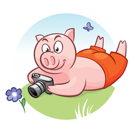 Piggy with camera takes pictures of flower and butterfly. Pig on green grass. Vector cartoon illustrationのイラスト素材