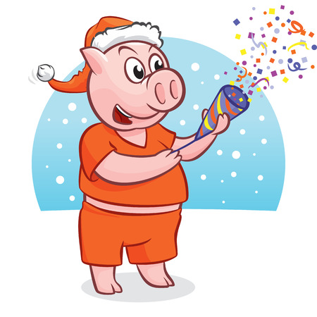 Cute piggy in Santa Claus's hat with petard, a symbol of 2019 year for your postcard or poster. Gift. Vector illustrationのイラスト素材