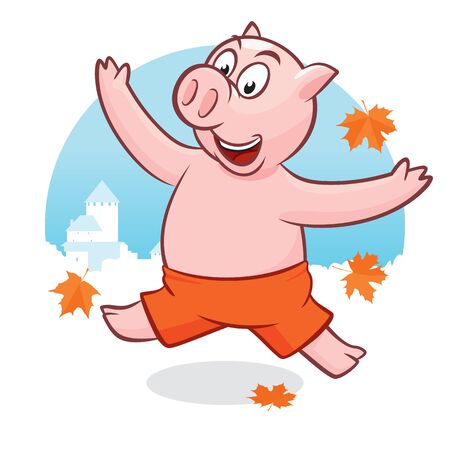 Cute piggy with leafs jumping having funのイラスト素材