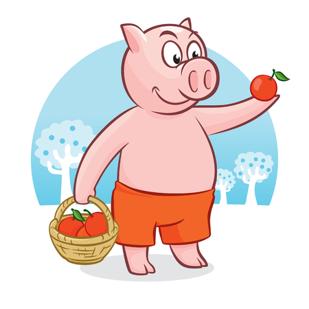 Cute pig with basket of apples. Autumn postcard with piglet. Vector illustration with cartoon symbol of chinese calendar used for poster, greeting card, book and banner.のイラスト素材