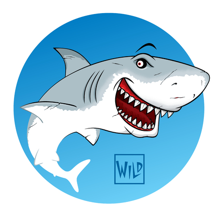 Angry cunning shark with open mouth. Wild calligraphy sign. Vector illustration. Perfect to use for printing on tshirts, mugs, caps, logos, mascots or other advertising designのイラスト素材
