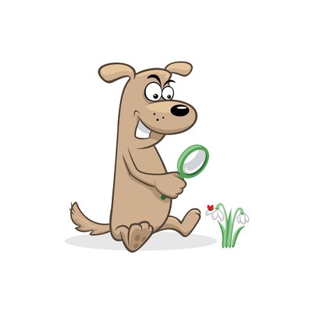 Dog magnifying glass snowdrop ladybug vector illustrationのイラスト素材