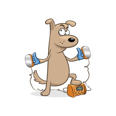 Doctor dog in blue medical gloves holding heart defibrillator paddles vector illustrationのイラスト素材