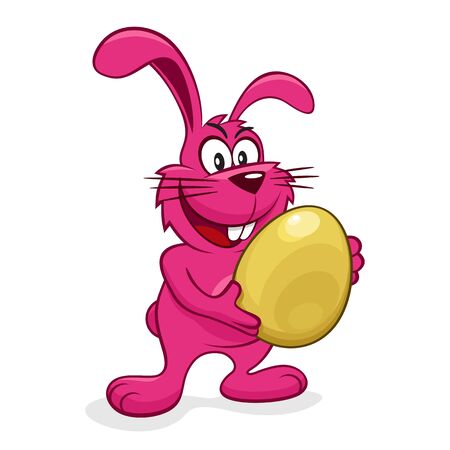 Pink easter bunny smiling rabbit standing and holding golden egg in her handsのイラスト素材