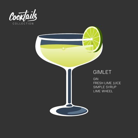 Cocktail Gimlet glass lime wheel black vector illustrationのイラスト素材