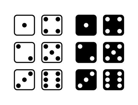 Game dice icons. Set of game dice, isolated on white background. Dice in a flat and linear design from one to six. Vector illustrationのイラスト素材
