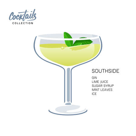 Southside mint leaves cocktail glass lime drink illustrationのイラスト素材
