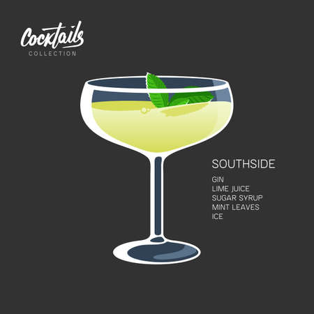 Southside mint leaves cocktail glass lime drink illustrationのイラスト素材