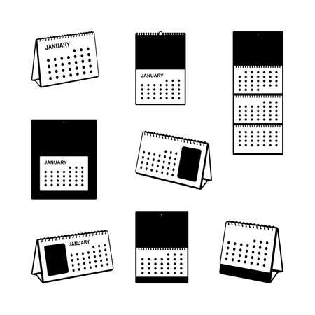 Isometric table and wall calendar outline icon set. The year, month, day, time and date reminder concept line pictograms. Vector linear infographic element for web design, social media, presentationのイラスト素材