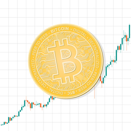 Bitcoin currency. Crypto coin with growth chart. International stock exchange. Network bitcoin marketing vector banner. Illustration of chart exchange currency cryptoのイラスト素材