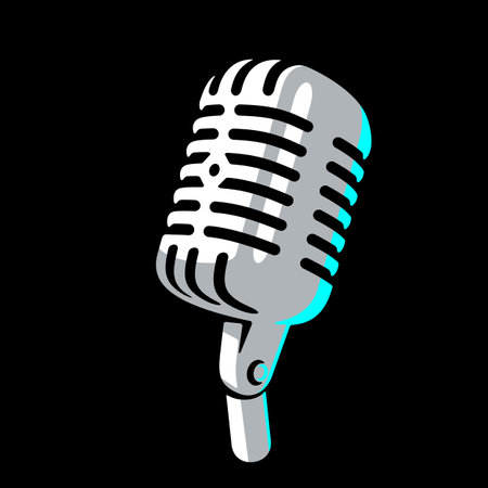 Retro vintage microphone on white background logo. Mic silhouette sign. Music, voice, record icon. Recording studio symbol. Flat stye vector illustrationのイラスト素材