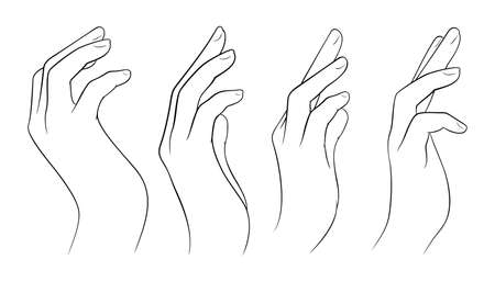 Realistic womans hand collection line. Vector Illustration of female hands of different gesturesのイラスト素材