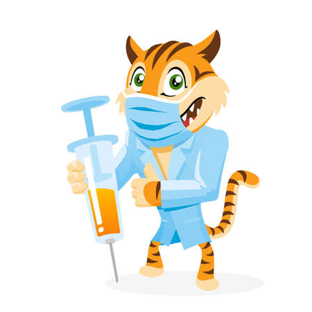 Funny cartoon tiger doctor in mask with a syringe isolated character on a white background vector illustrationのイラスト素材
