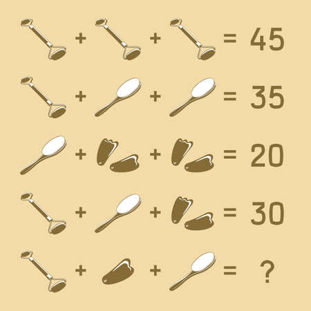 Math puzzle with facial massage tools. For logical thinking number gold game vector illustrationのイラスト素材