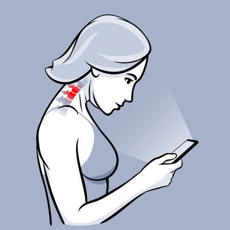 Young female lowing her head to use smartphone. Bad posture that cause of neck pain. Concept of back bone and muscle pain, health problem, bad habit, cause of headache. Flat vector illustration.のイラスト素材
