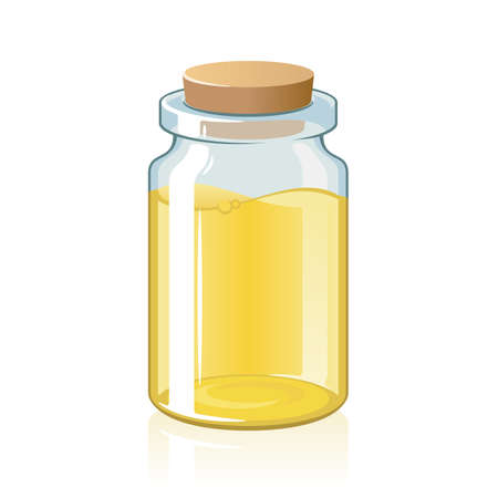 Glass bottle, vial closed by cap, cork. Jar with perfume, cologne water, oil, liquid natural remedy for treatment, massage, cosmetic procedures, cooking. Vector mockup, template on whiteのイラスト素材