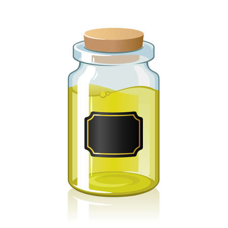 Glass bottle with label, sticker. Vial closed by cap, cork. Jar with perfume, cologne water, oil, liquid. Vector mockup, template on whiteのイラスト素材