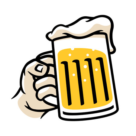Hand with beer mug. Line art beer glass vector illustrationのイラスト素材
