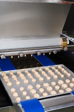 Exhibition baking trays with crude preparations for cookiesの写真素材