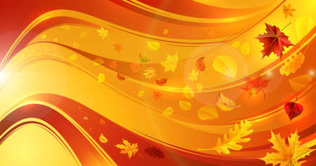 Shining wavy background with falling leavesのイラスト素材