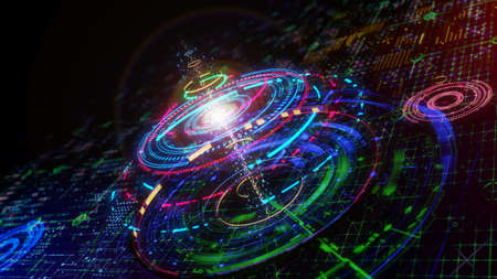 Modern colorful background with concentric technology elements. 3D render.の写真素材