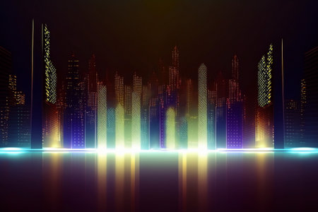 Bright composition of a fantastic cityscape illuminated by night neon lights. Created with generative AI.の素材