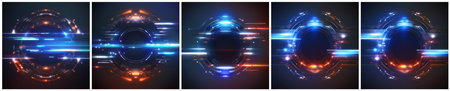 Collection of tech radial abstract backgrounds in blue and red tones. Created with generative AI.の素材