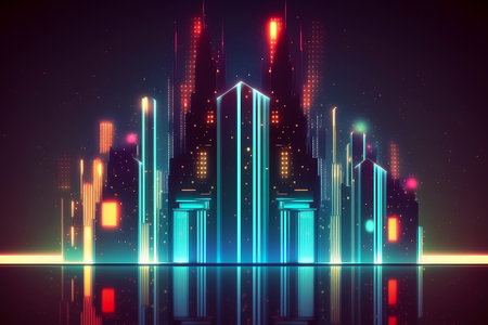 Vibrant composition of a fantastic cityscape illuminated by night neon lights. Created with generative AI.の素材