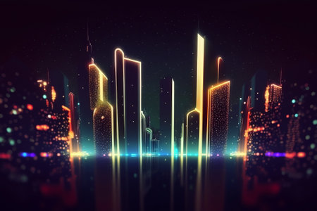 Vibrant composition of a futuristic cityscape illuminated by night neon lights. Created with generative AI.の素材