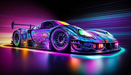 Futuristic sports car brightly lit by night neon lights. Created with generative AI.の素材