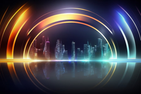 Bright illustration of a futuristic cityscape illuminated by night neon lights. Created with generative AI.の素材