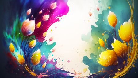 Blooming spring flowers on a blurred background. Vibrant composition. Created with generative AI.の素材