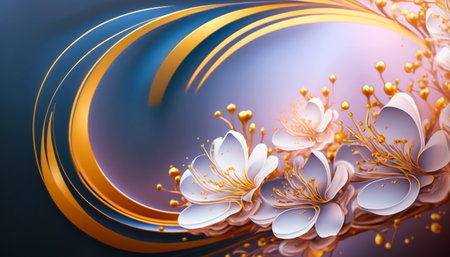 Gold and blue background with blooming pink cherry flowers on a blurred background. Created with generative AI.の素材