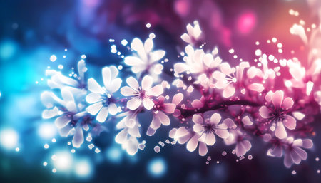 Blooming cherry flowers on a blurred background. Created with generative AI.の素材